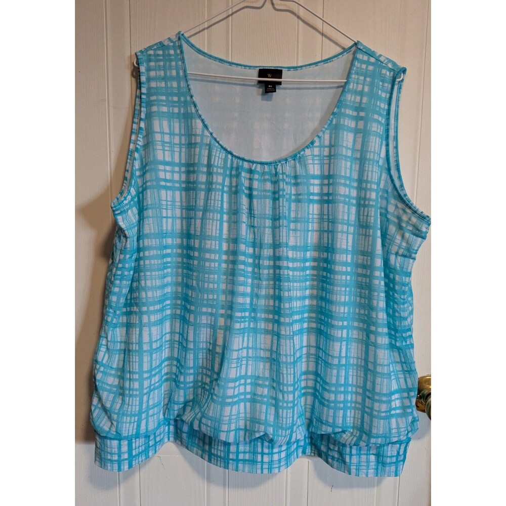 Worthington Blue White Plaid Pleated Tunic Tank Women's Plus 2X 100% Polyester